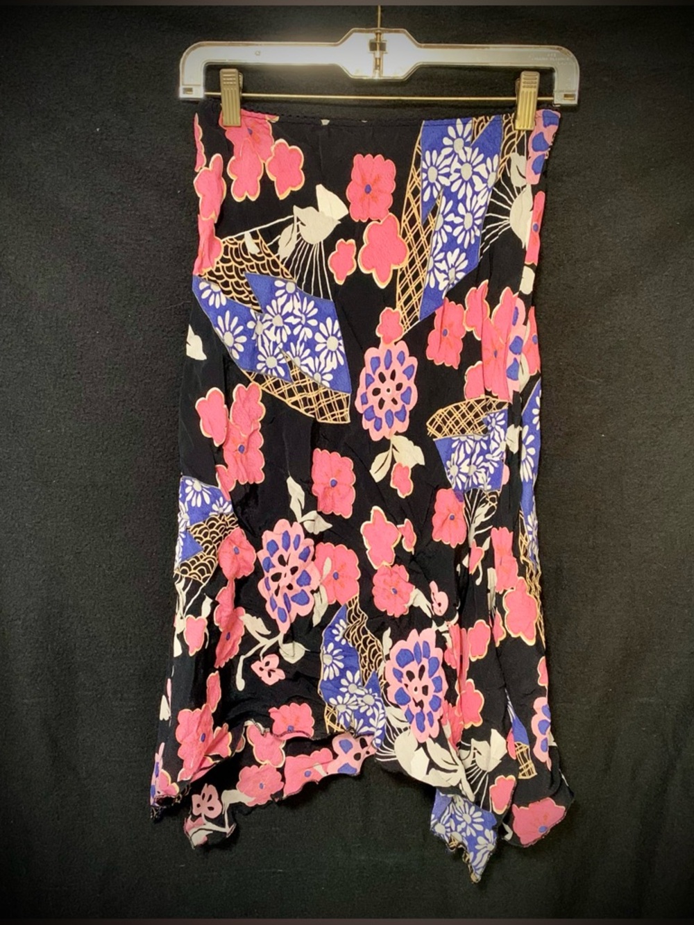 Betsys Floral Skirt Black Pink Blue Asymmetrical Hem Rayon Small